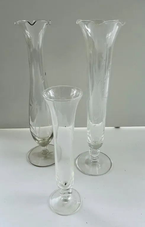 Set of Three Etched Glass Vases