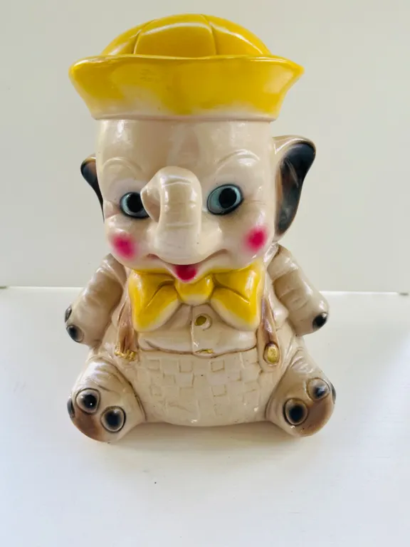 Vintage Elephant Coin Bank with Yellow Sailor Hat