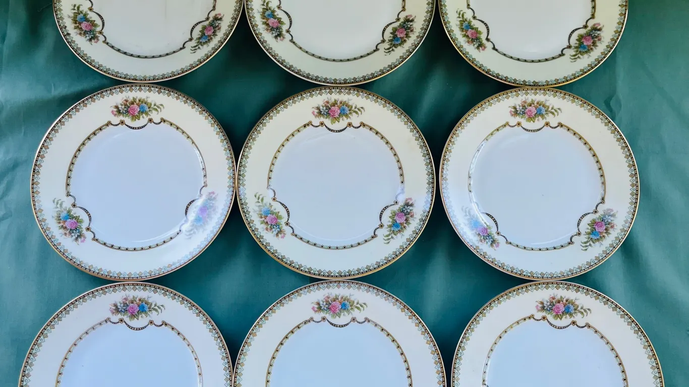 Noritake “Wellsdale” Gold Rim Floral Porcelain Dessert Plates, Set of 9