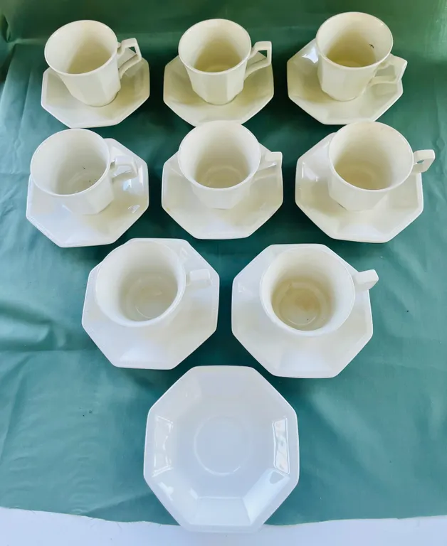Set of 8 Johnson Brothers Ironstone Octagonal Teacups and Saucers