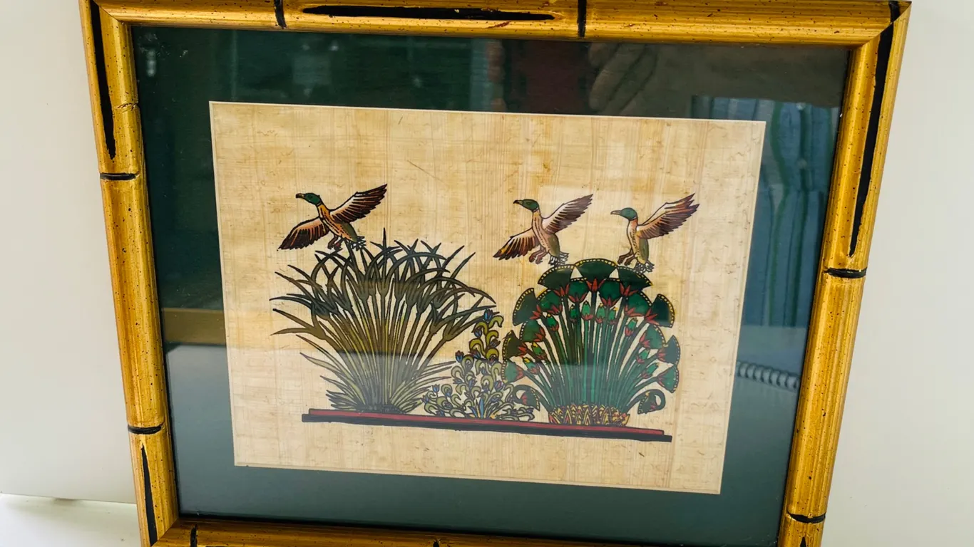 Egyptian Style Papyrus Painting with Faux Bamboo Frame