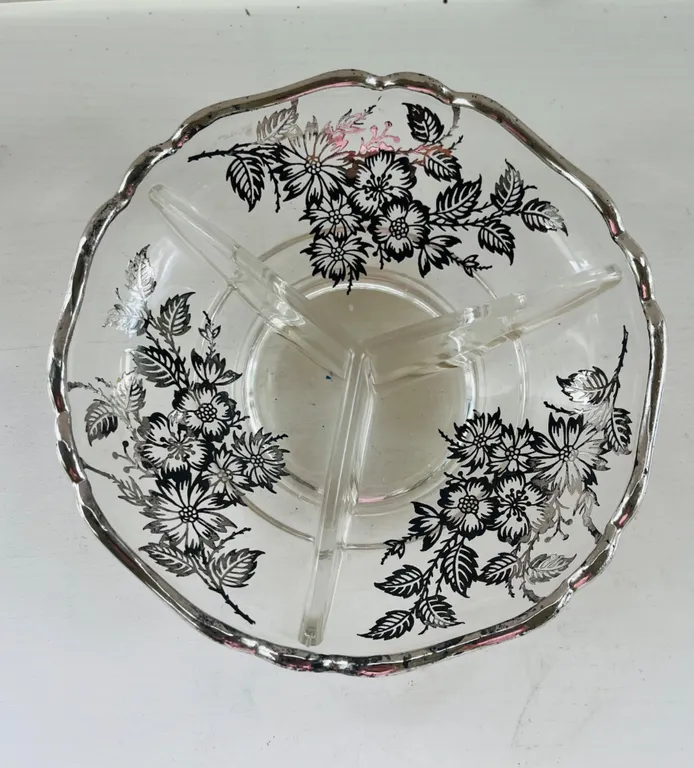 Vintage Silver Overlay Divided Glass Relish Dish