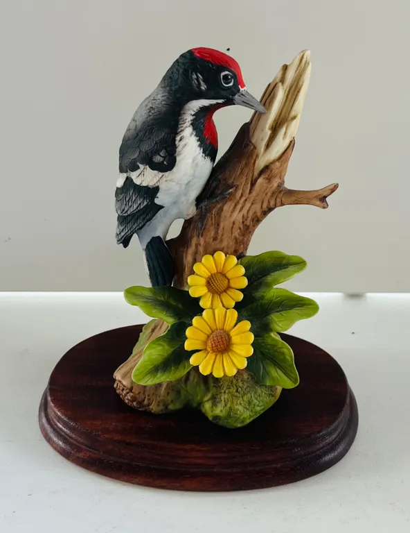 Andrea by Sadek Downy Woodpecker Porcelain Figurine on Wooden Base