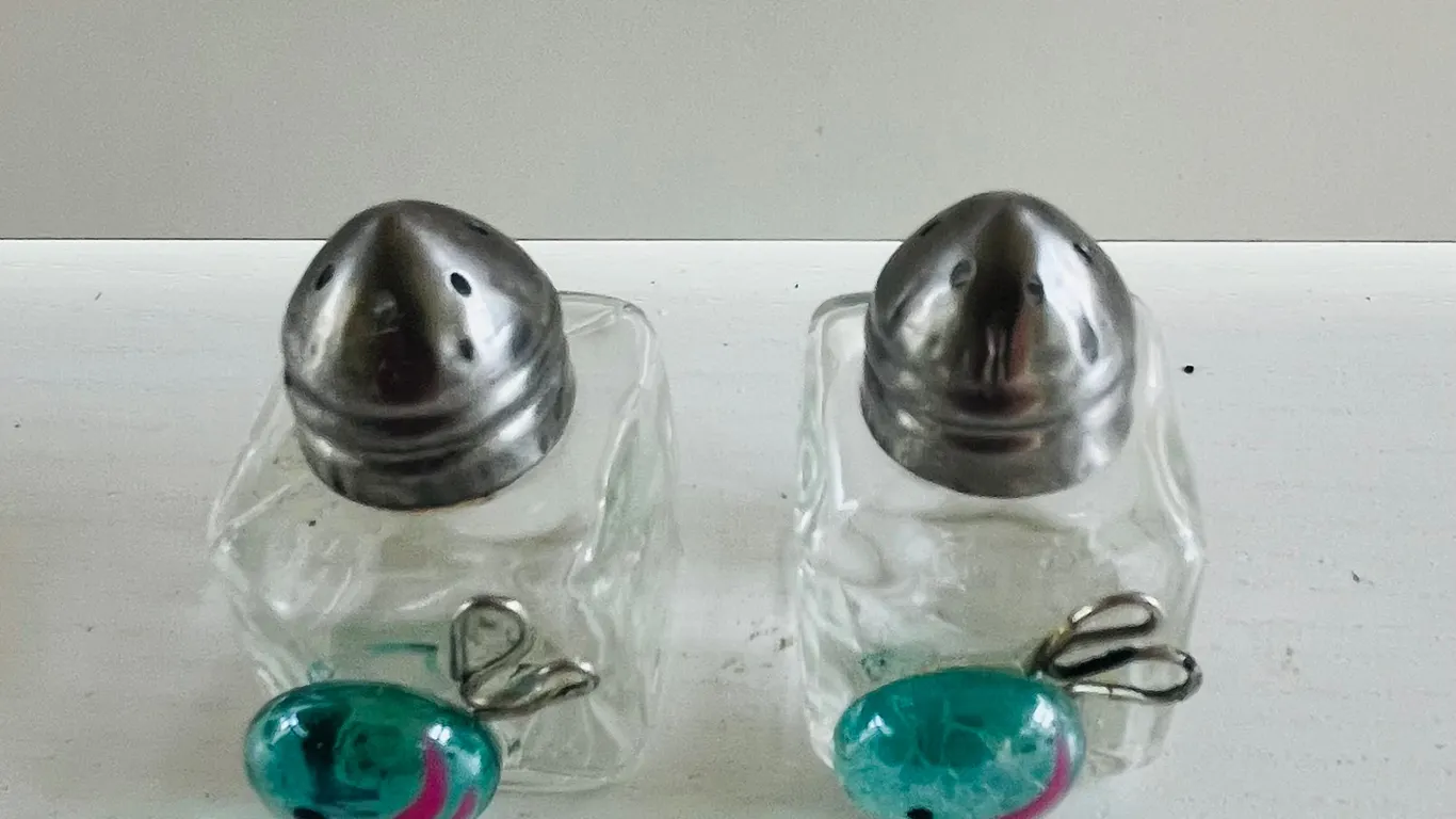 Clear Glass Salt and Pepper Shakers with fish decoration