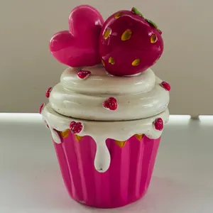 Ceramic Cupcake Trinket Box with Strawberry and Heart