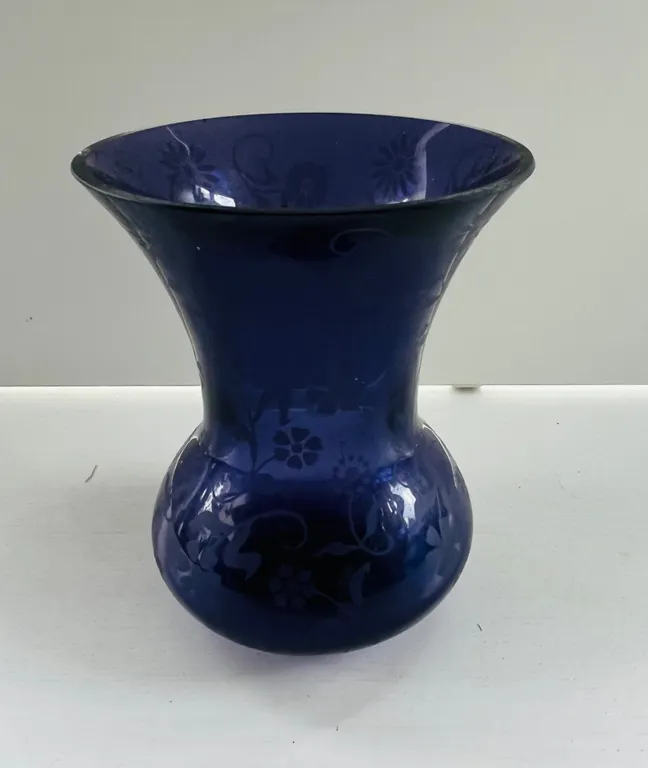 Purple Glass Flared Vase with Floral Etching
