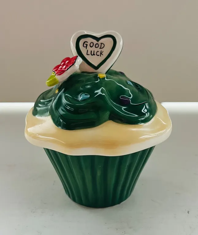 Ceramic Cupcake container with "Good Luck" Heart