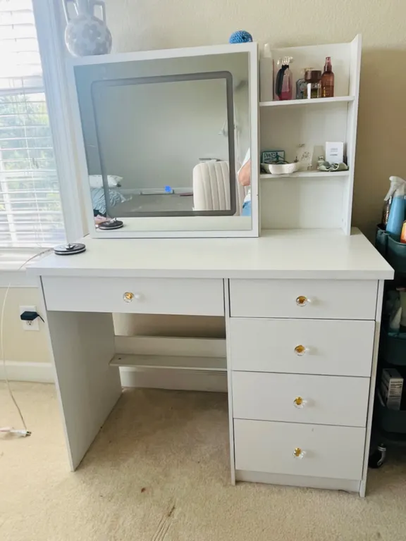 White Vanity Desk with Lighted Mirror and Storage