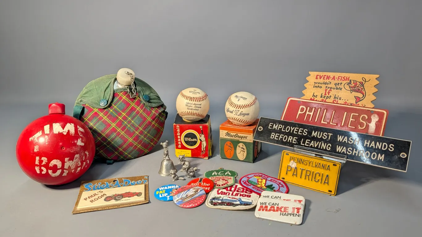 Vintage Novelty Signs, Badges, Baseballs, and Canteen