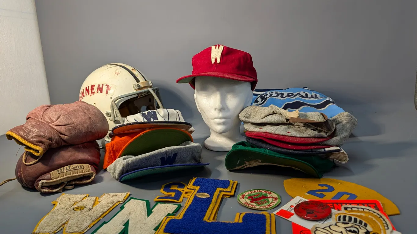 Vintage Sports Memorabilia Lot with Helmet, Boxing Glove, Hats, and Patches