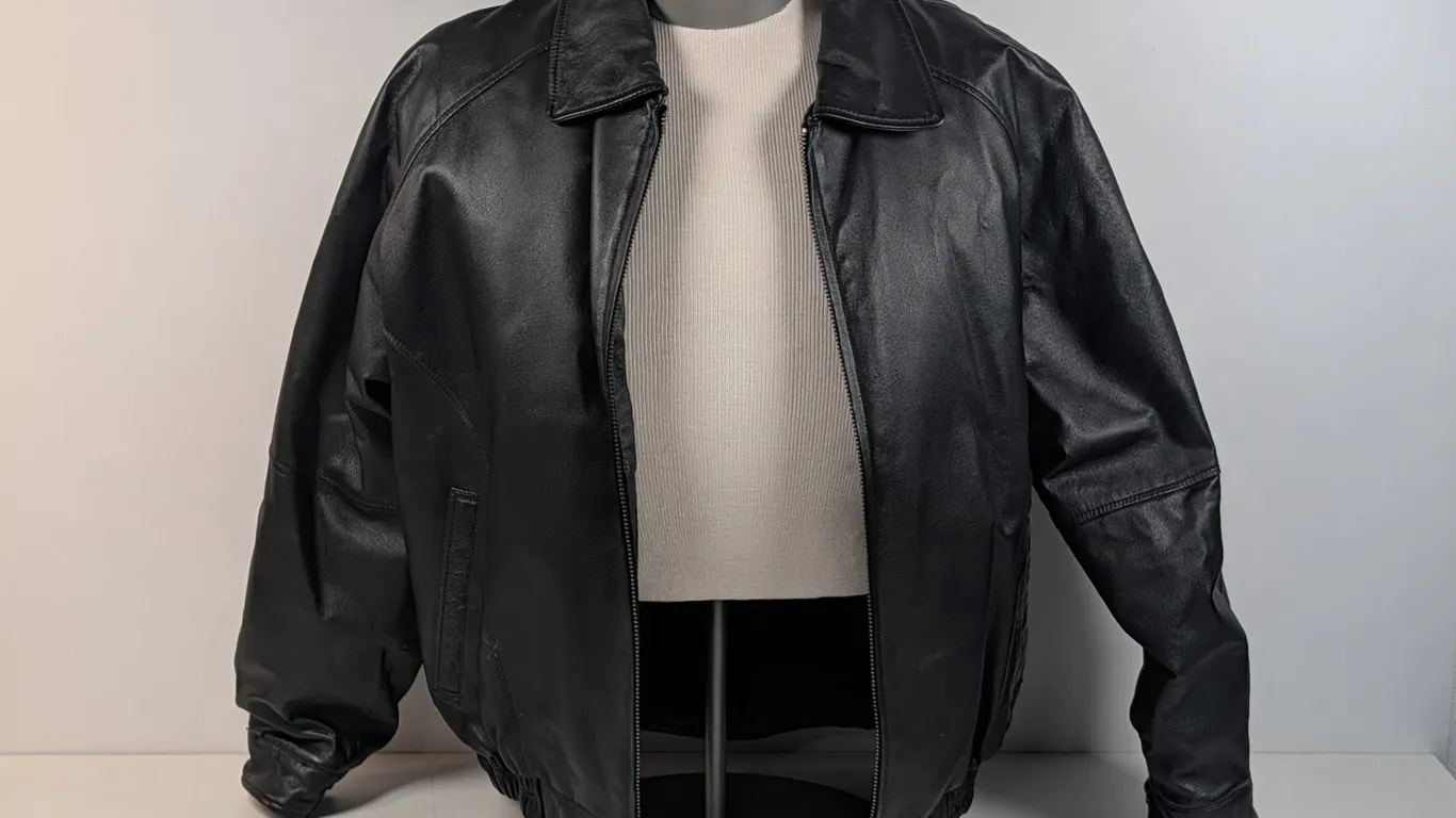 Black Genuine Leather Bomber Jacket, Large