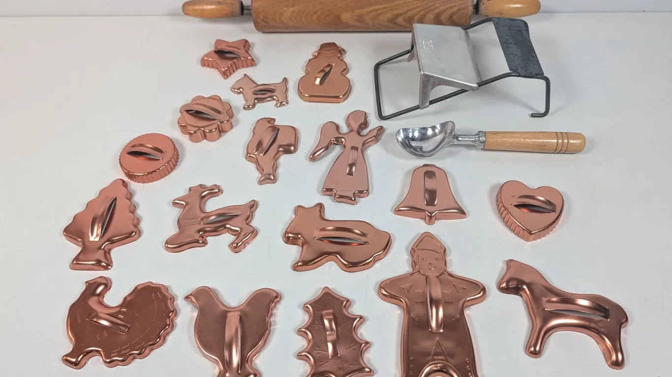 Assorted Vintage Kitchen Utensils and Copper Cookie Cutters