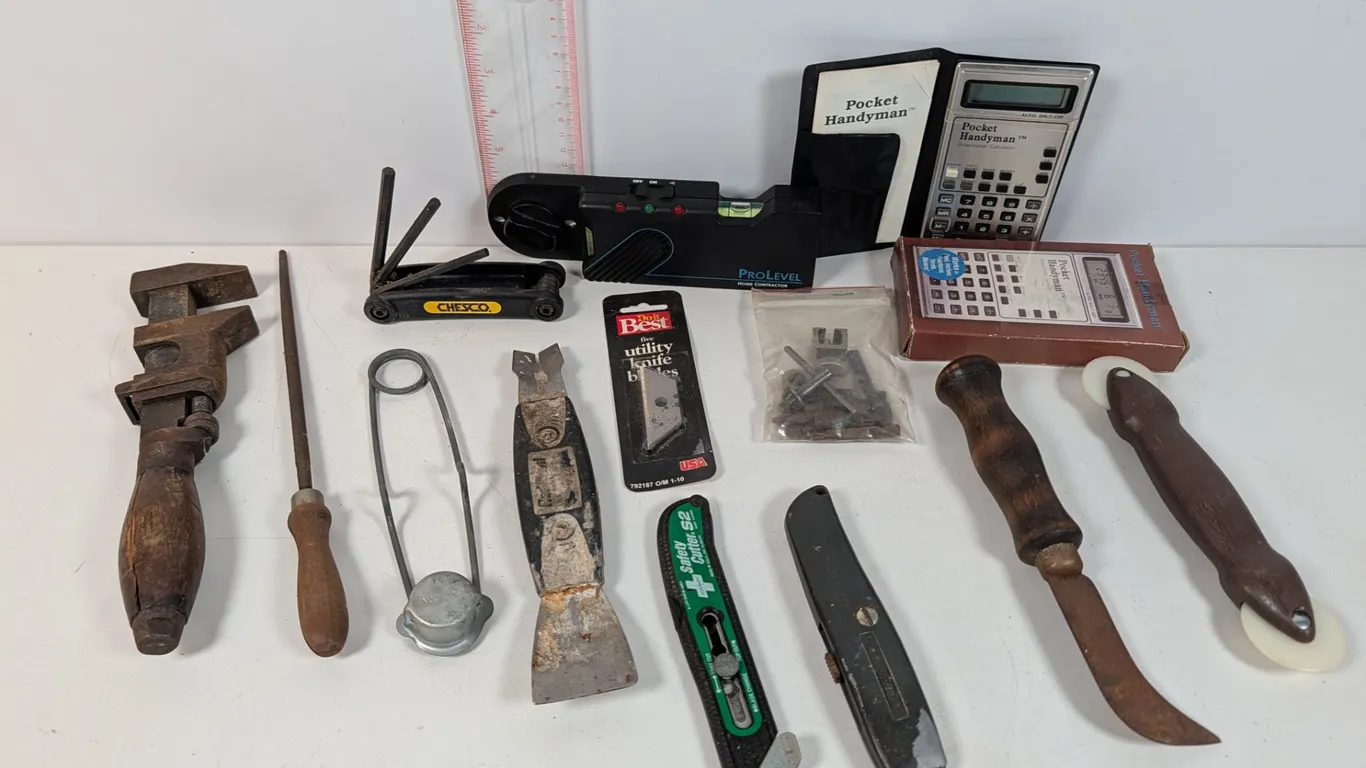 Assorted Hand Tools, Calculator and Level