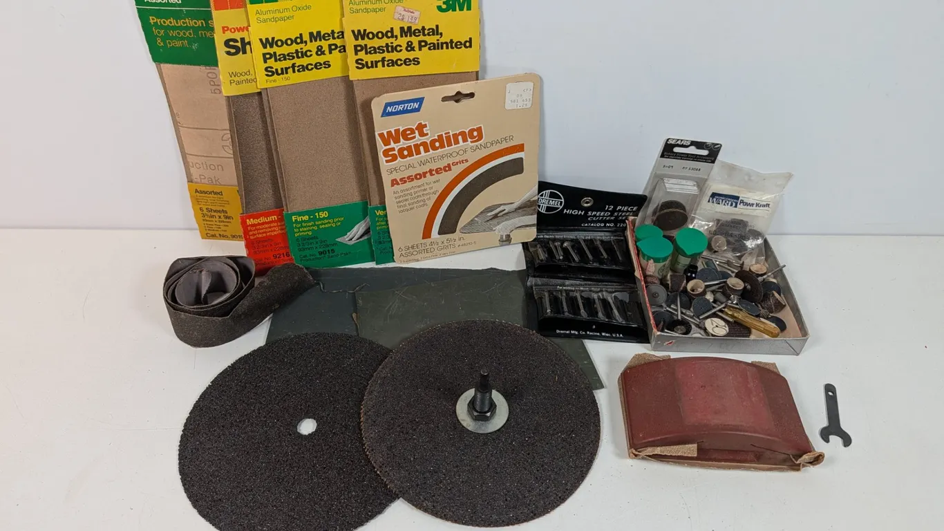 Assorted Sandpaper, Sanding Discs, Dremel Cutter Set, and Rotary Tool Accessories