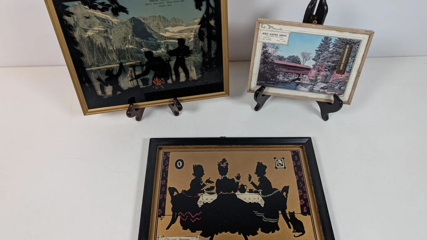 Three Framed Vintage Silhouettes and Thermometer
