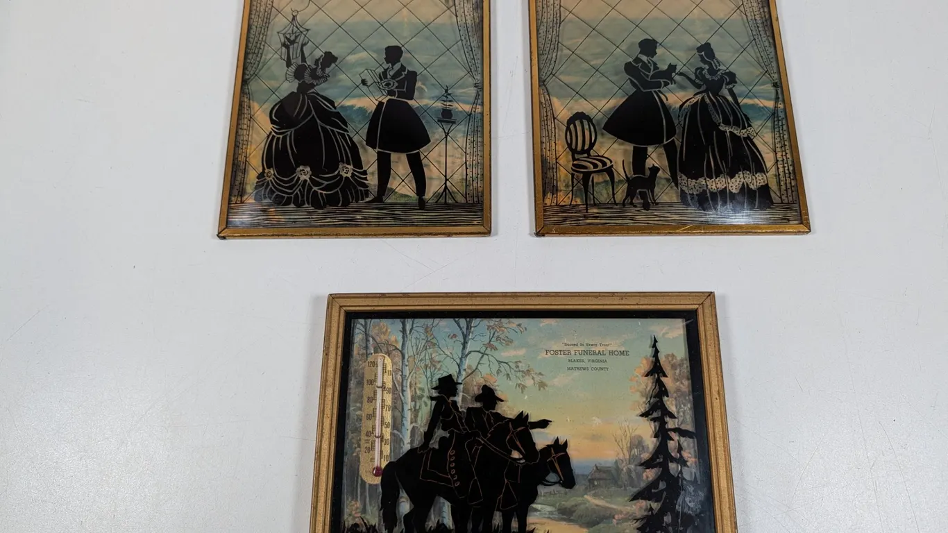 Three Framed Silhouette Pictures and Thermometer