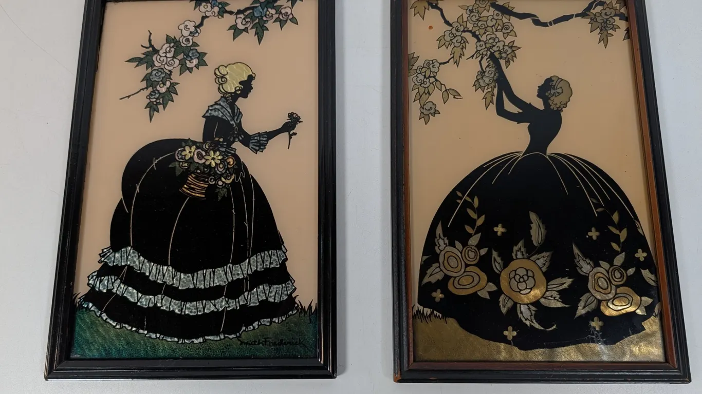 Reverse Painted Silhouette Glass Pictures "Old Fashioned Garden" and "Blossom Time"