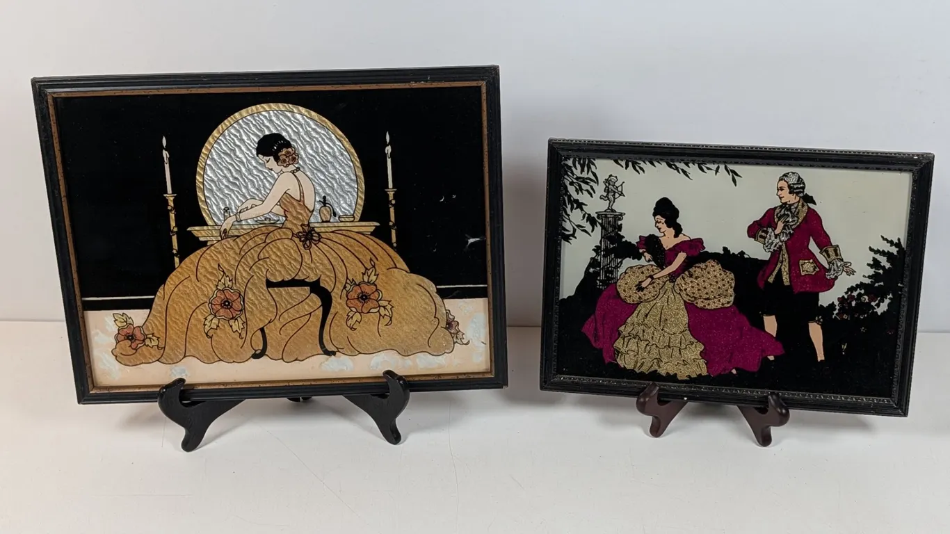 Pair Reverse Painted Glass Silhouette Pictures