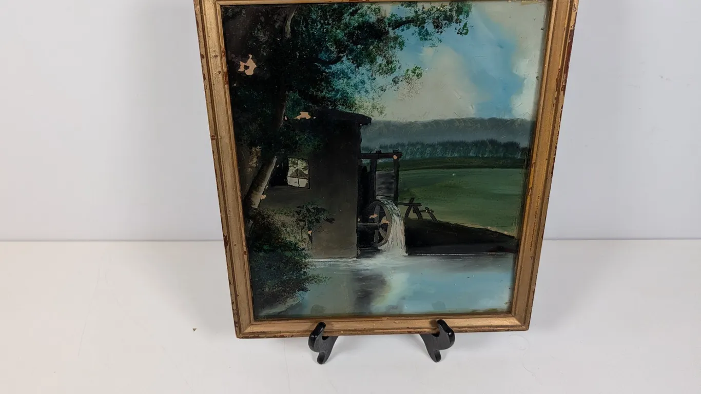 Reverse Painted Glass Landscape with Mill