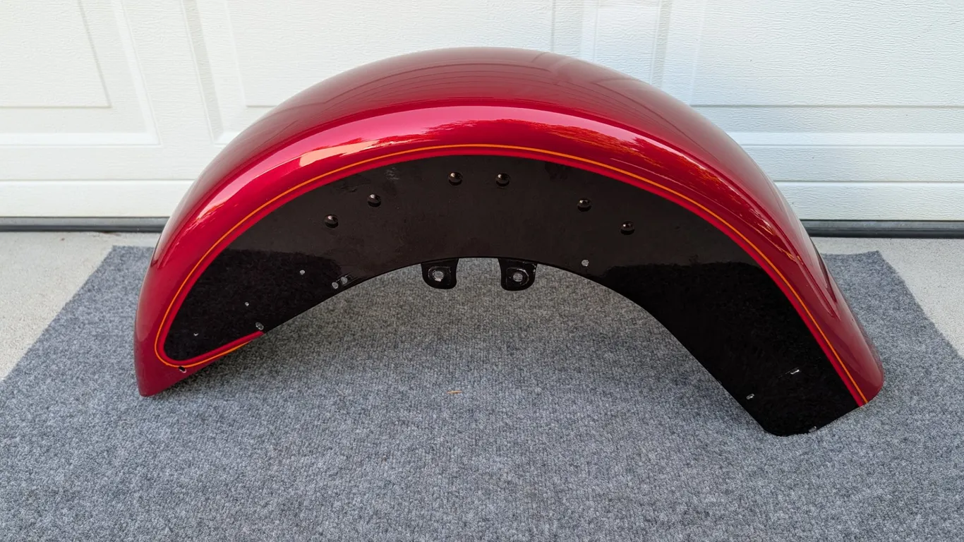 Red Motorcycle Fender with Gold Pinstripes