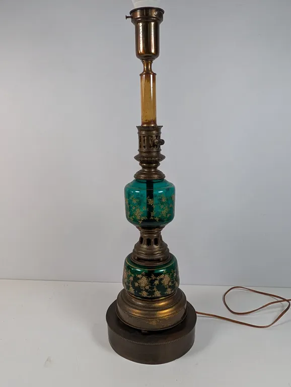 Antique Green Glass and Brass Kerosene Style Table Lamp