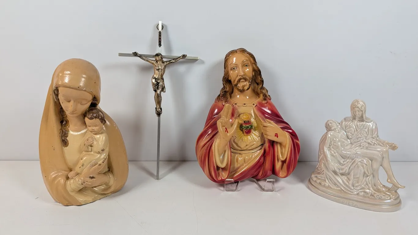 Collection of Vintage Religious Statues and Crucifix