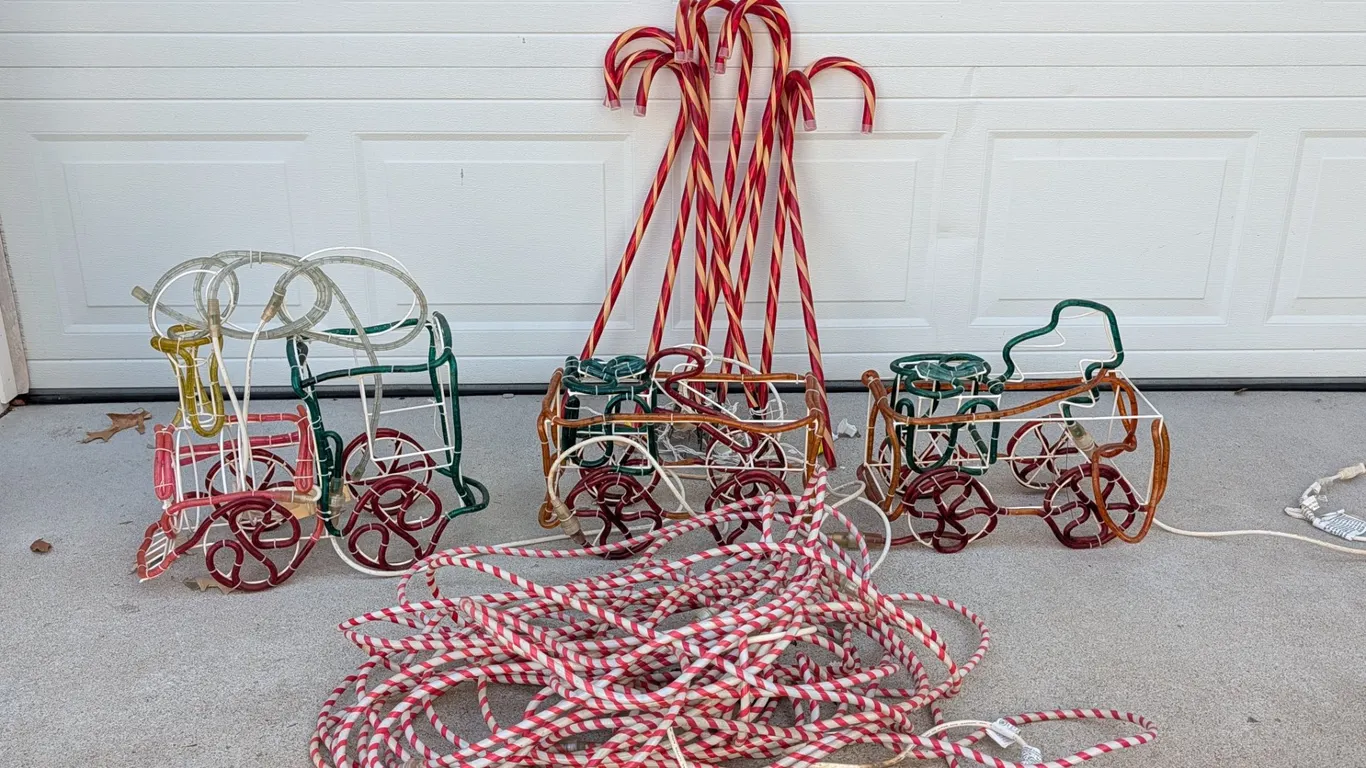Light-Up Christmas Decorations Lot: Train Cars, Candy Canes, Rope Lights