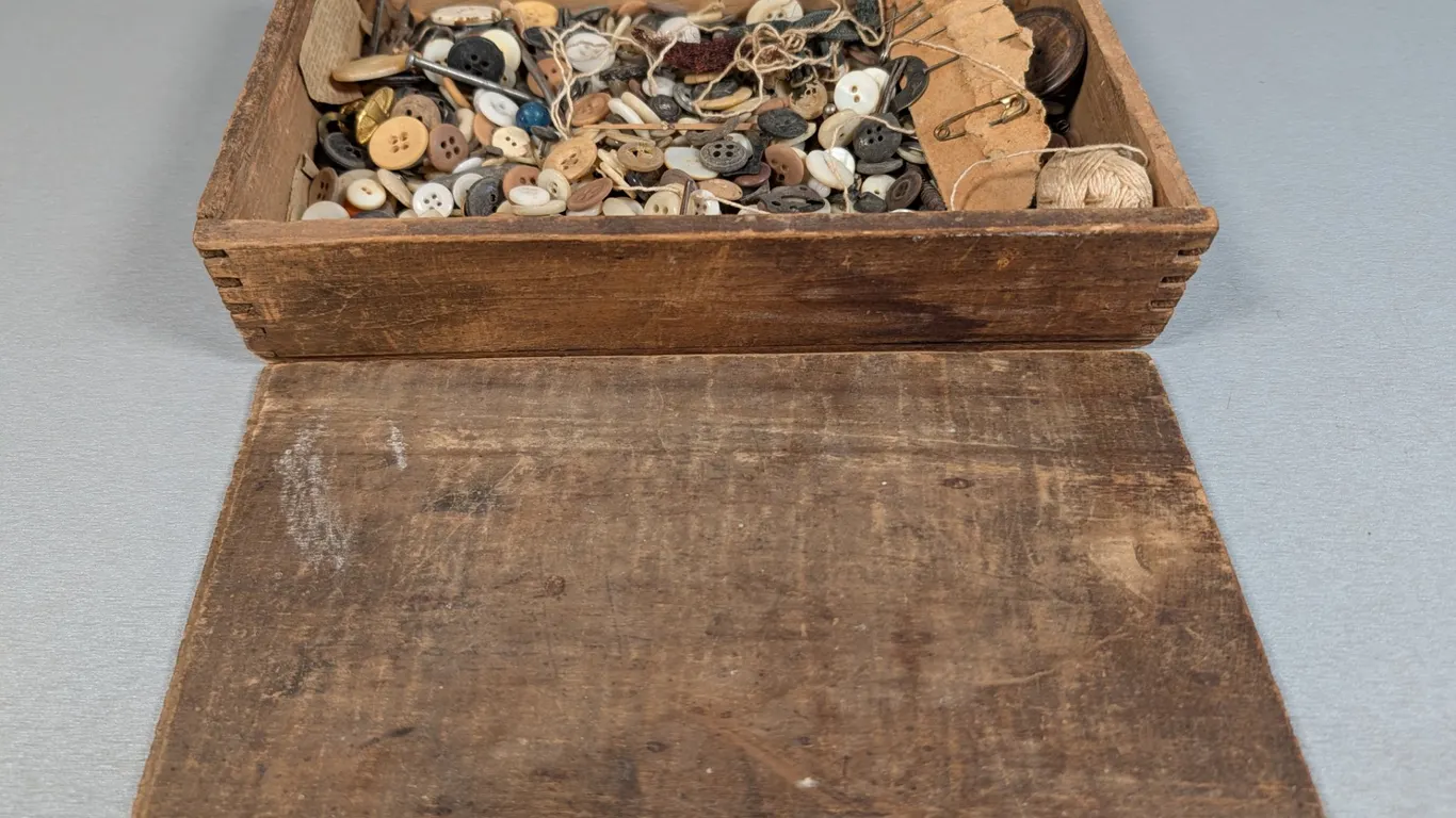 Vintage Wood Box with Assorted Buttons