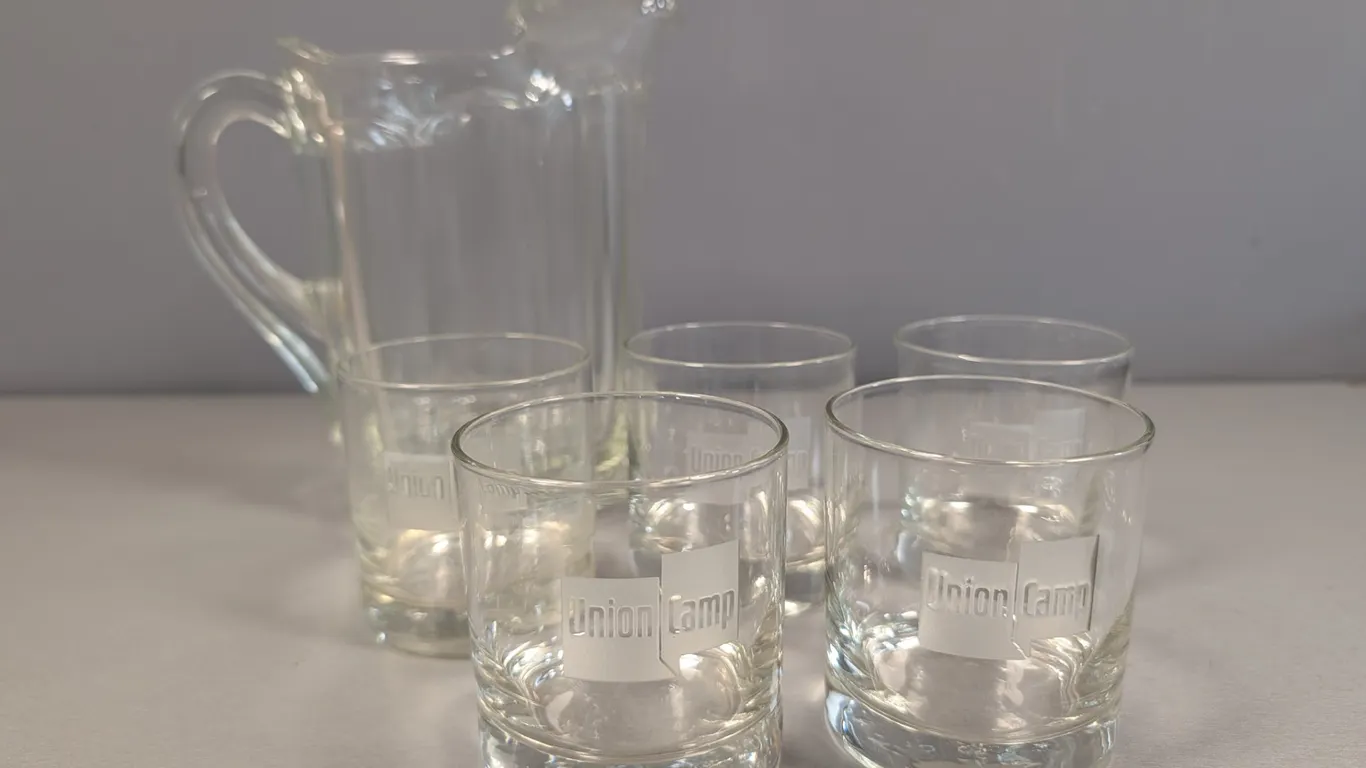 Clear Glass Pitcher and 4 Union Camp Tumblers