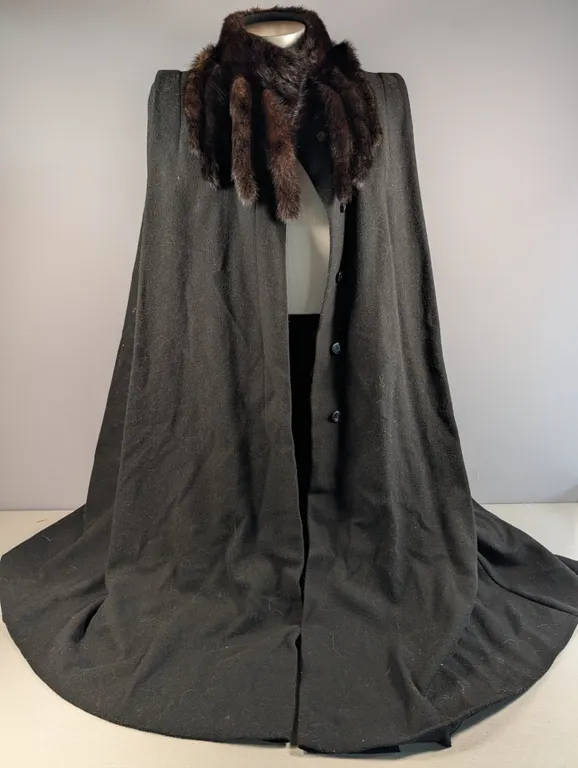 Black Wool Cape with Fur Collar