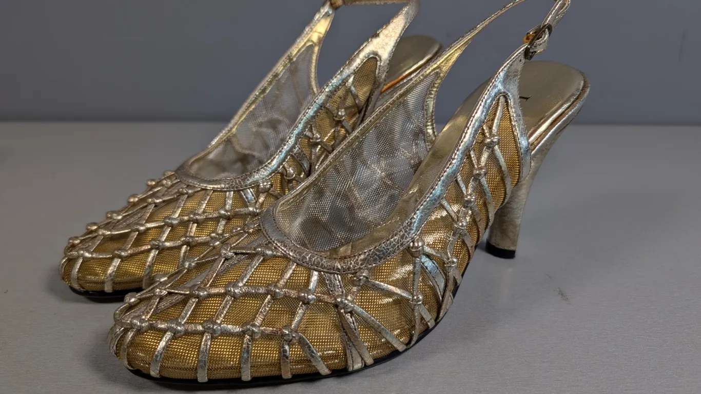 J. Renee Gold Mesh Slingback Heels, Size 7 1/2