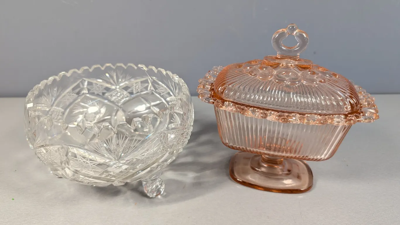 Clear Cut Glass Pedestal Bowl and Pink Lidded Candy Dish