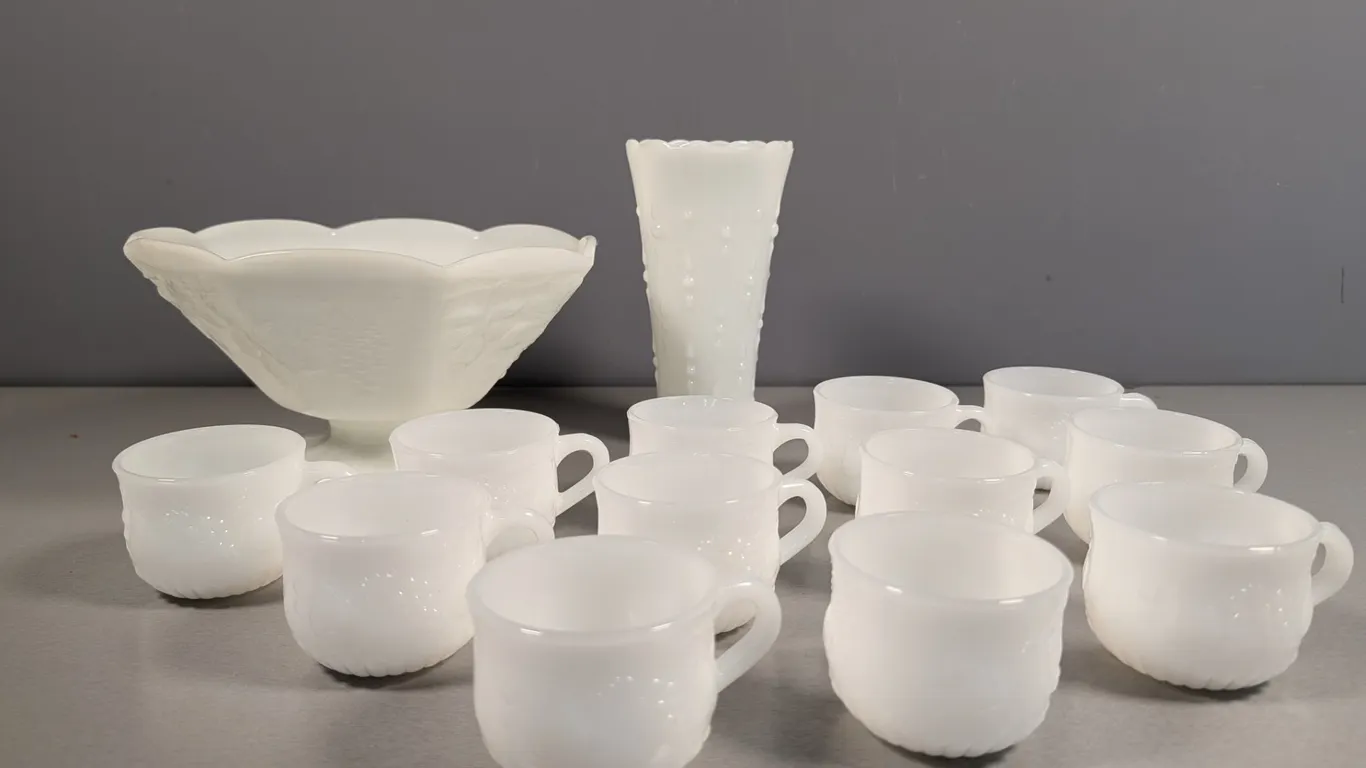 Milk Glass Grape & Hobnail Pattern Tableware Lot