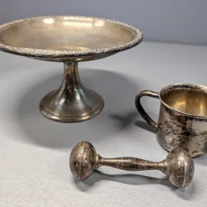 Sterling Silver Baby Cup, Rattle, and Pedestal Dish