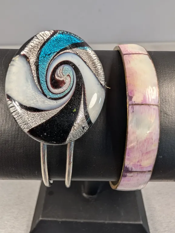 Two Bracelets: Swirl Art Glass Cuff and Mother of Pearl Inlay Bangle