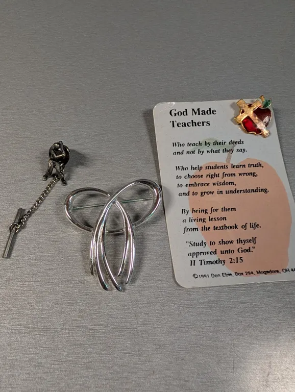 Assorted Pins and Brooch with Teacher's Card