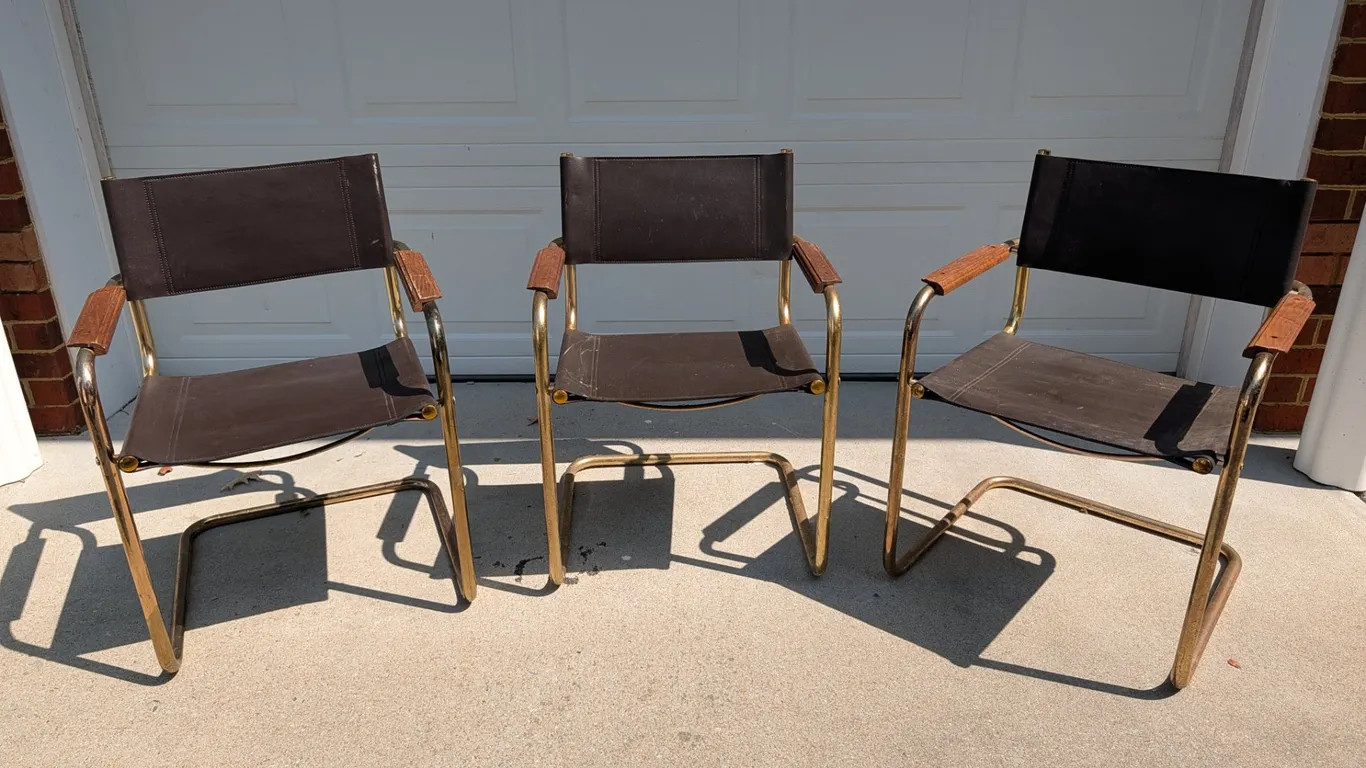 Set of Three Brown Sling Chairs with Brass Frames