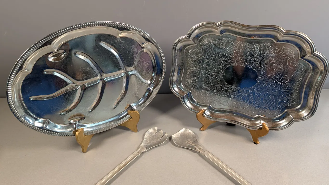 Silver-Toned Metal Serving Trays and Salad Servers