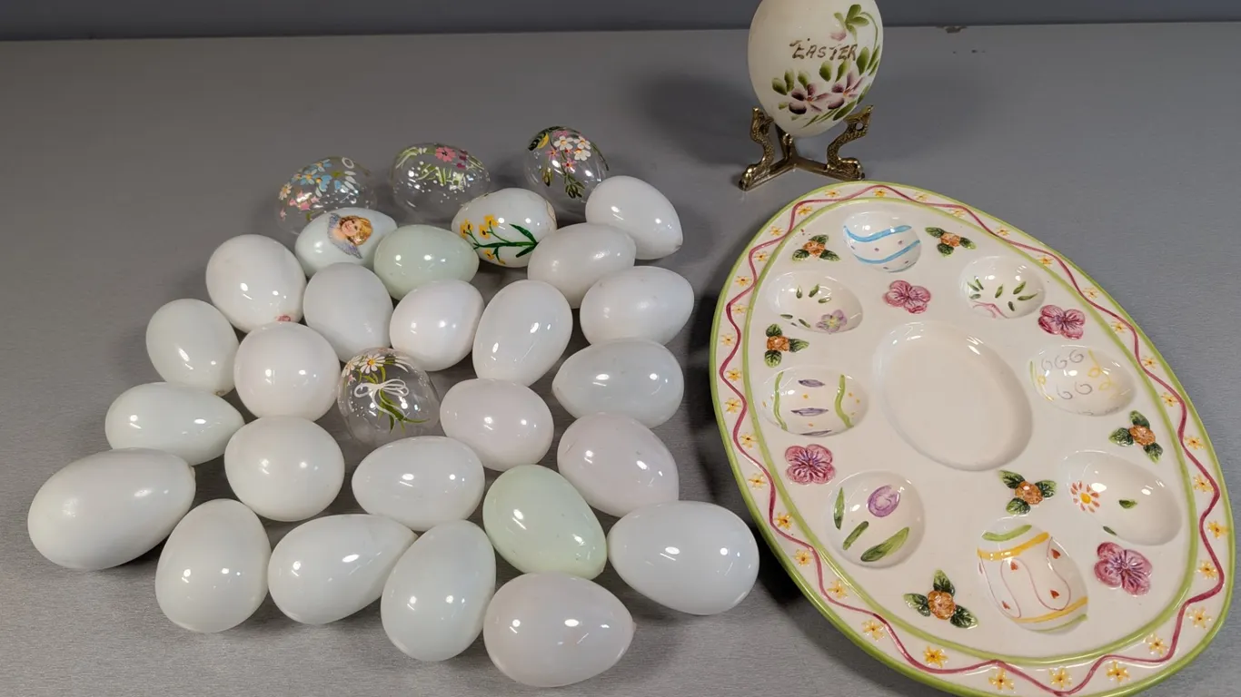 Easter Egg Platter with Decorative glass Eggs and Stand