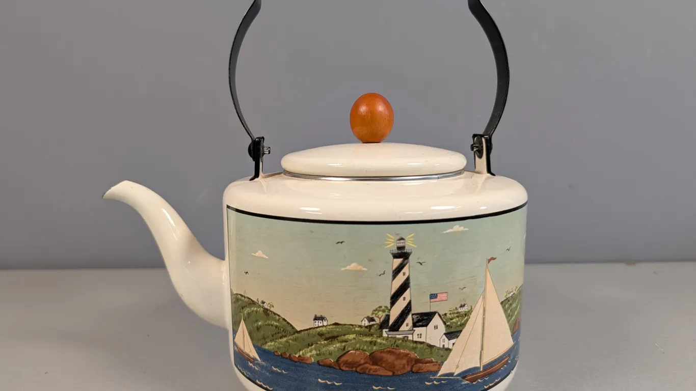 Warren Kimble Enamel Teakettle Lighthouse Sailboat Scene