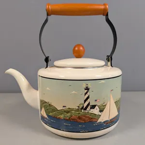 Warren Kimble Enamel Teakettle Lighthouse Sailboat Scene