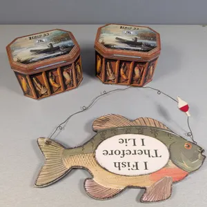 Zebco 33 Collector's Tins and "I Fish Therefore I Lie" Sign