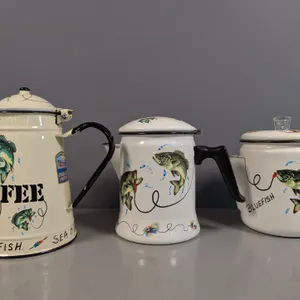 Set of 3  Enamelware Fishing Theme Coffee Percolators