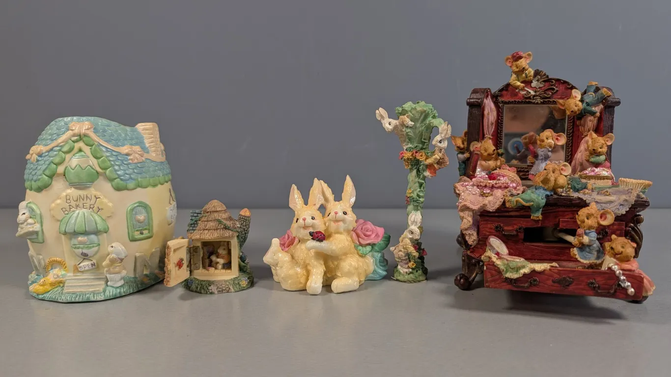 Resin Bunny Bakery House, Bunny Figurines, and Mouse Music Box