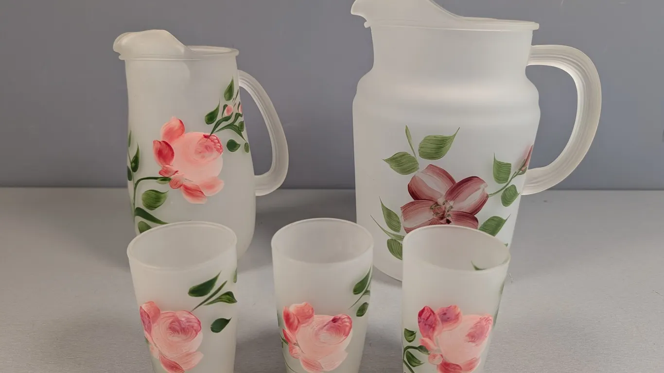 Frosted Glass Pitchers and Tumbler Set with Floral Motif