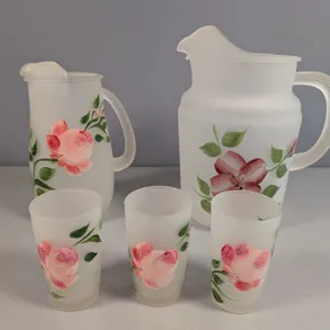 Frosted Glass Pitchers and Tumbler Set with Floral Motif