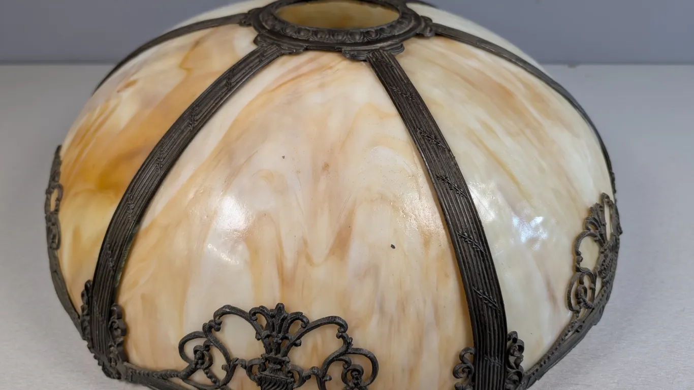 Vintage Slag Glass and Ornate Metal Lamp Shade