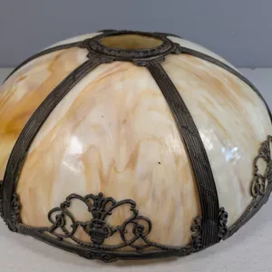 Vintage Slag Glass and Ornate Metal Lamp Shade