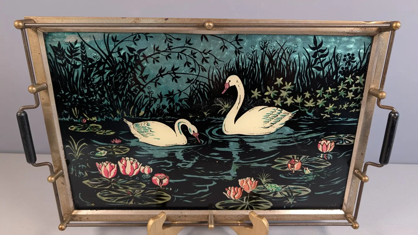 Metal Serving Tray with Swan and Lily Pad Design