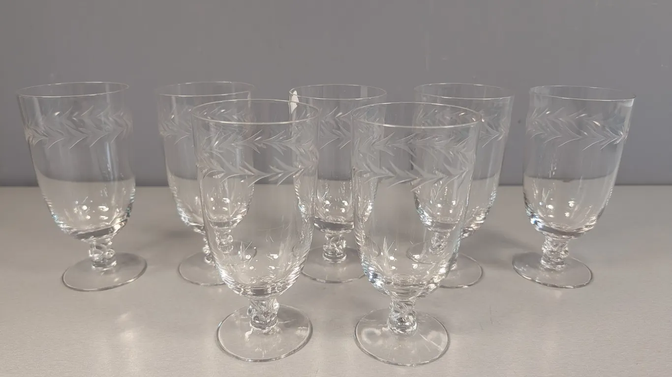 Set of 7 Etched Glass Goblets